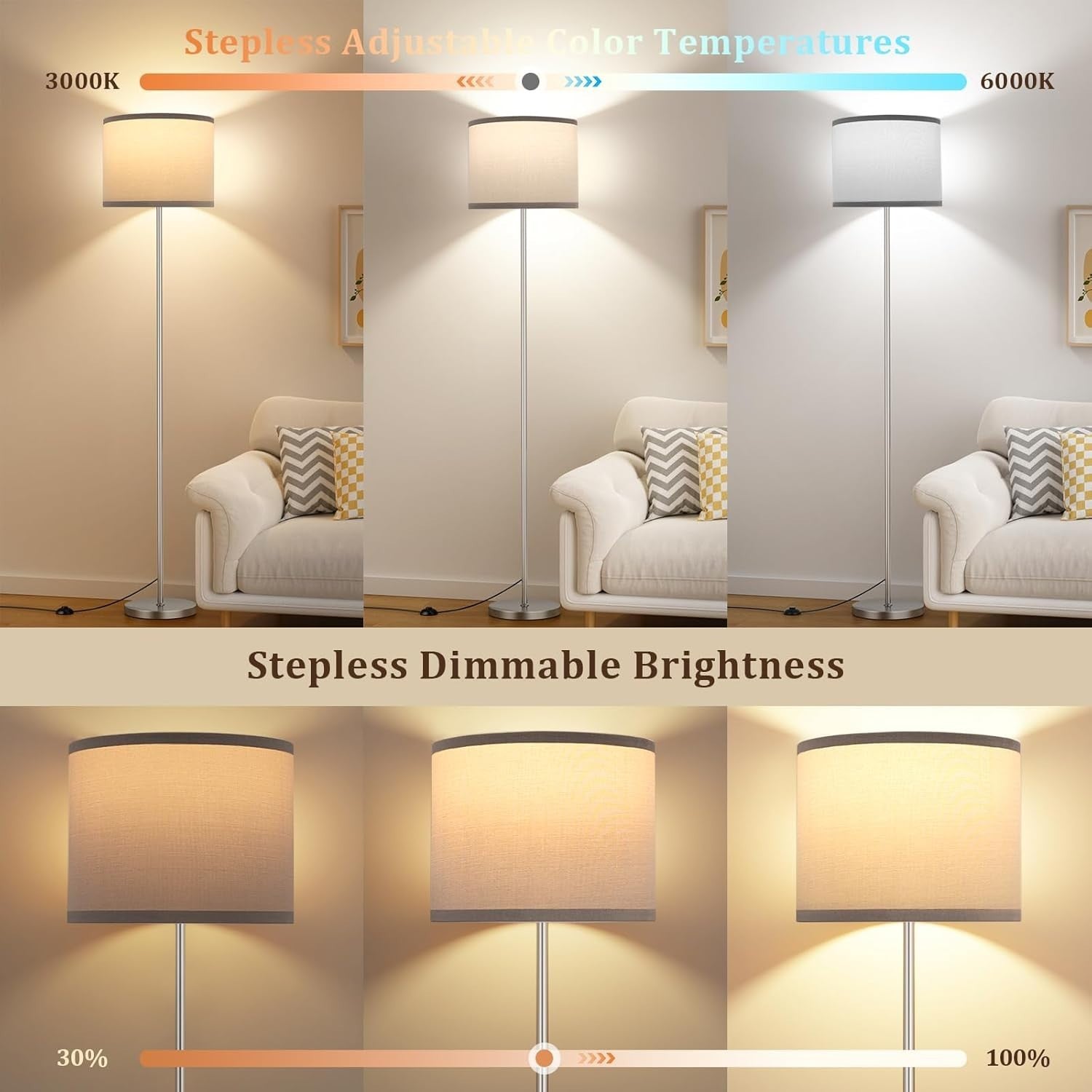 Modern Grey Floor Lamp Dimmable with Remote Silver Pole 153cm 9W LED