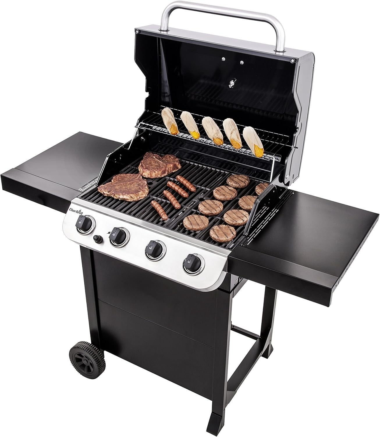 Outdoor Gas BBQ Grill 4 Burner with Cast Iron Grates & Side Shelves