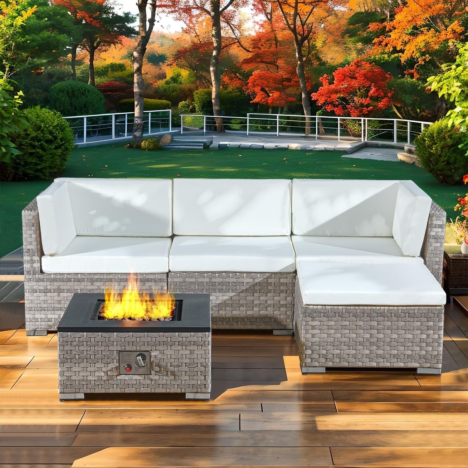 5-Piece Rattan Outdoor Fire Pit Patio Set with 40,000 BTU Gas Fire Table