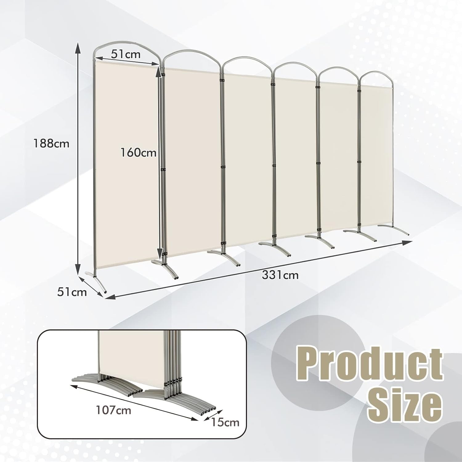 6 Panel Cream Folding Room Divider Privacy Screen for Bedroom Office 188cm High