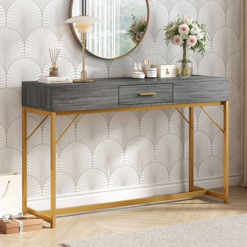 Luxury Console Table w/ Drawer – Gold Frame Entryway Hall Table 120cm
