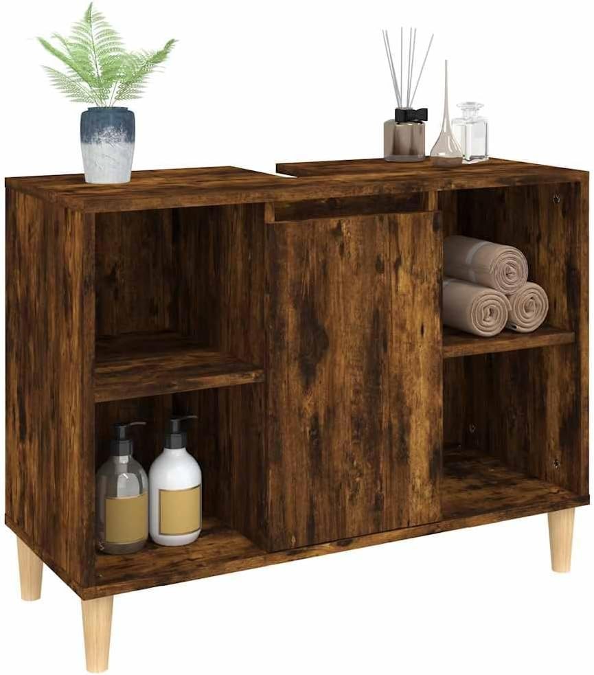 Smoked Oak Bathroom Sink Cabinet – Modern Vanity Unit with Shelves 80cm