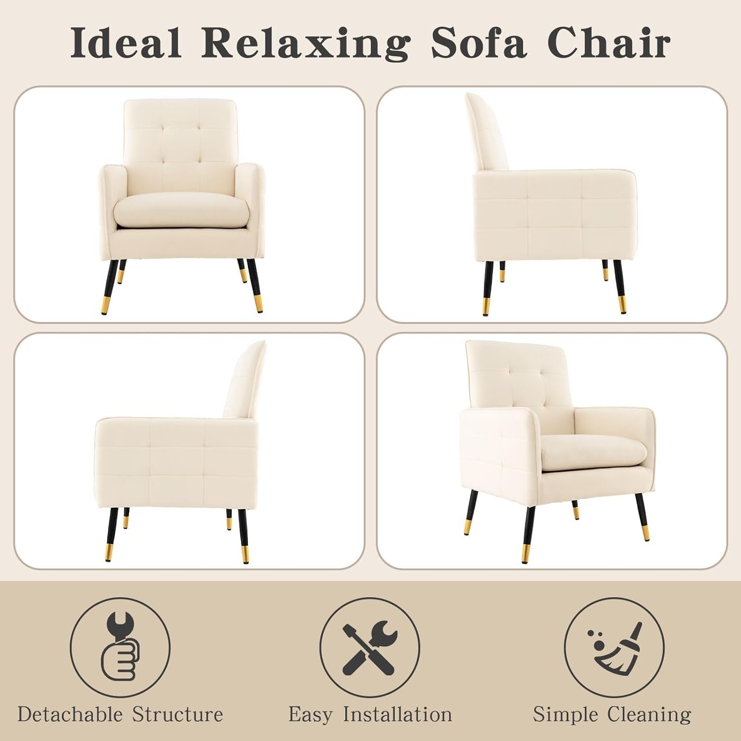 Beige Tufted Accent Armchair Linen Lounge Chair Metal Legs