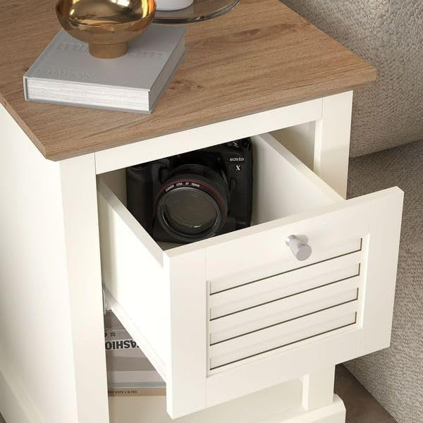 Ivory & Oak Bedside Table with Drawer | Modern Nightstand for Bedroom