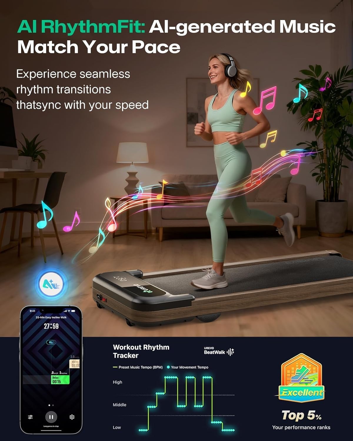 Under Desk Treadmill 1-6 km/h | Compact Wooden Walking Pad for Home & Office
