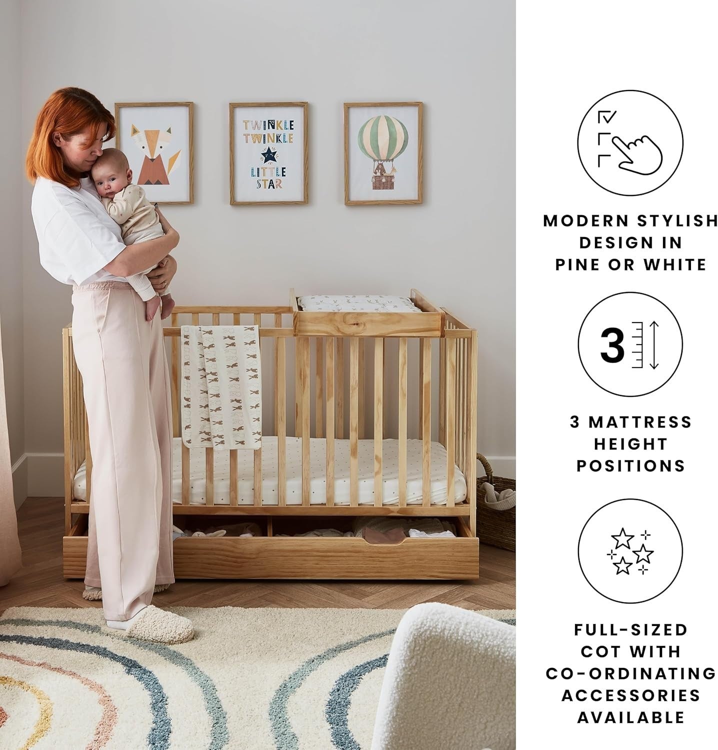 Stylish Wooden Baby Cot Bed Adjustable Height Crib with Fibre Mattress Pine
