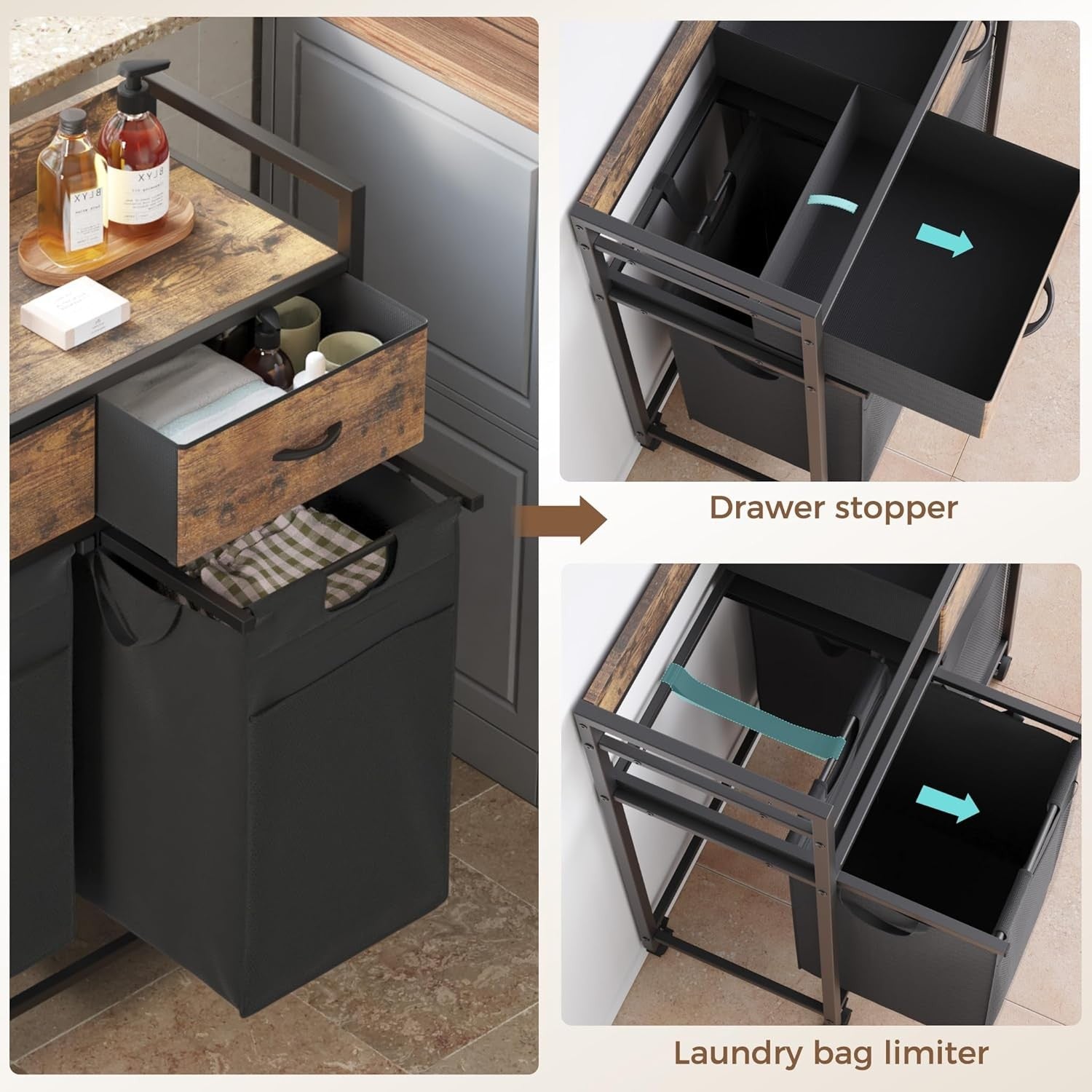 2 Section Laundry Hamper with Drawers 100L Sorter Wheels Rustic Brown Black