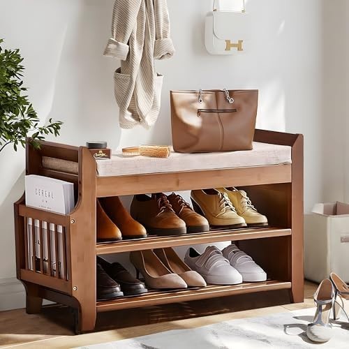 2 Tier Bamboo Shoe Bench with Cushion Hidden Drawer Entryway Storage Seat