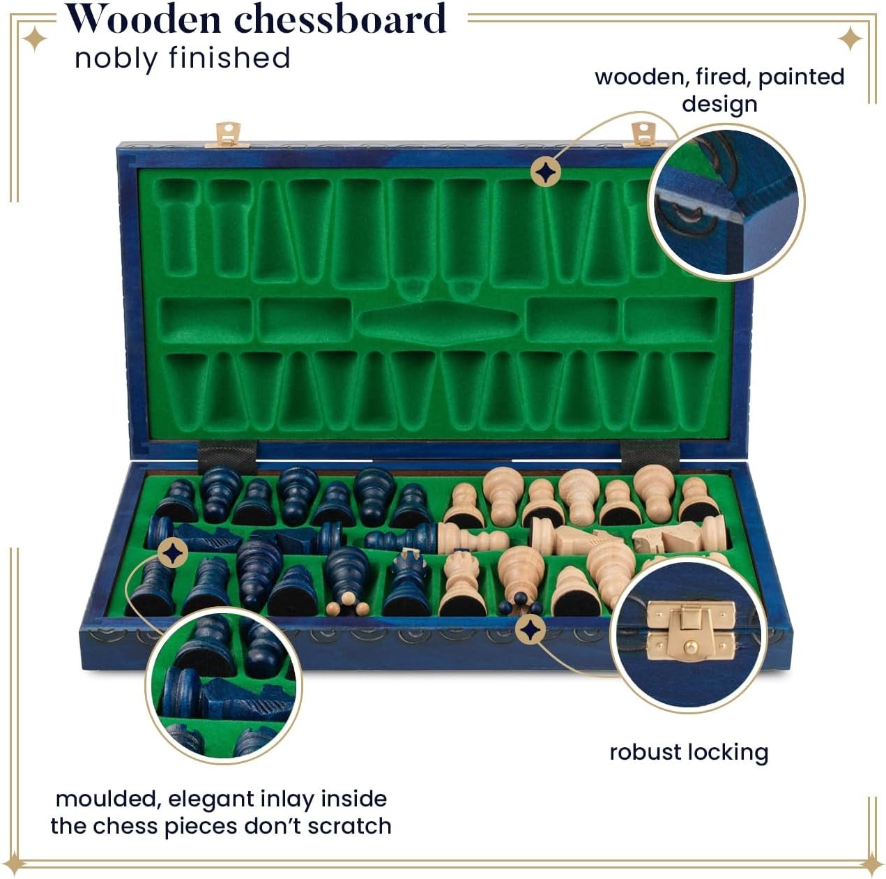 Luxury 42cm Wooden Chess Set XL | Handcrafted Blue Board & Pieces | Premium Gift