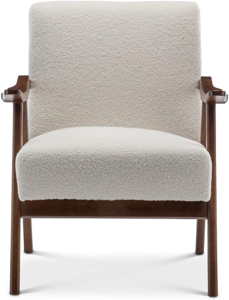 White Bouclé Accent Armchair Retro Wooden Lounge Chair