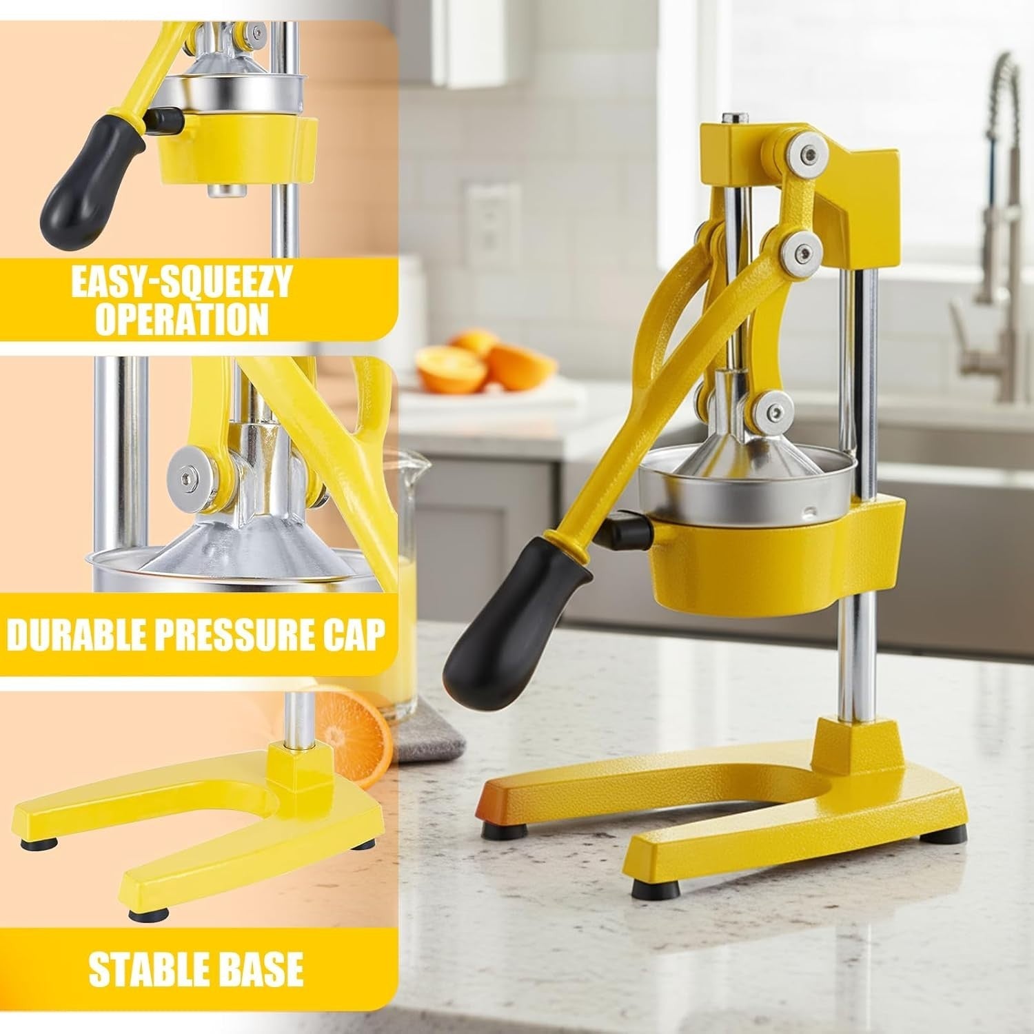 Heavy Duty Manual Citrus Press Cast Iron Juicer Easy Clean Bright Yellow