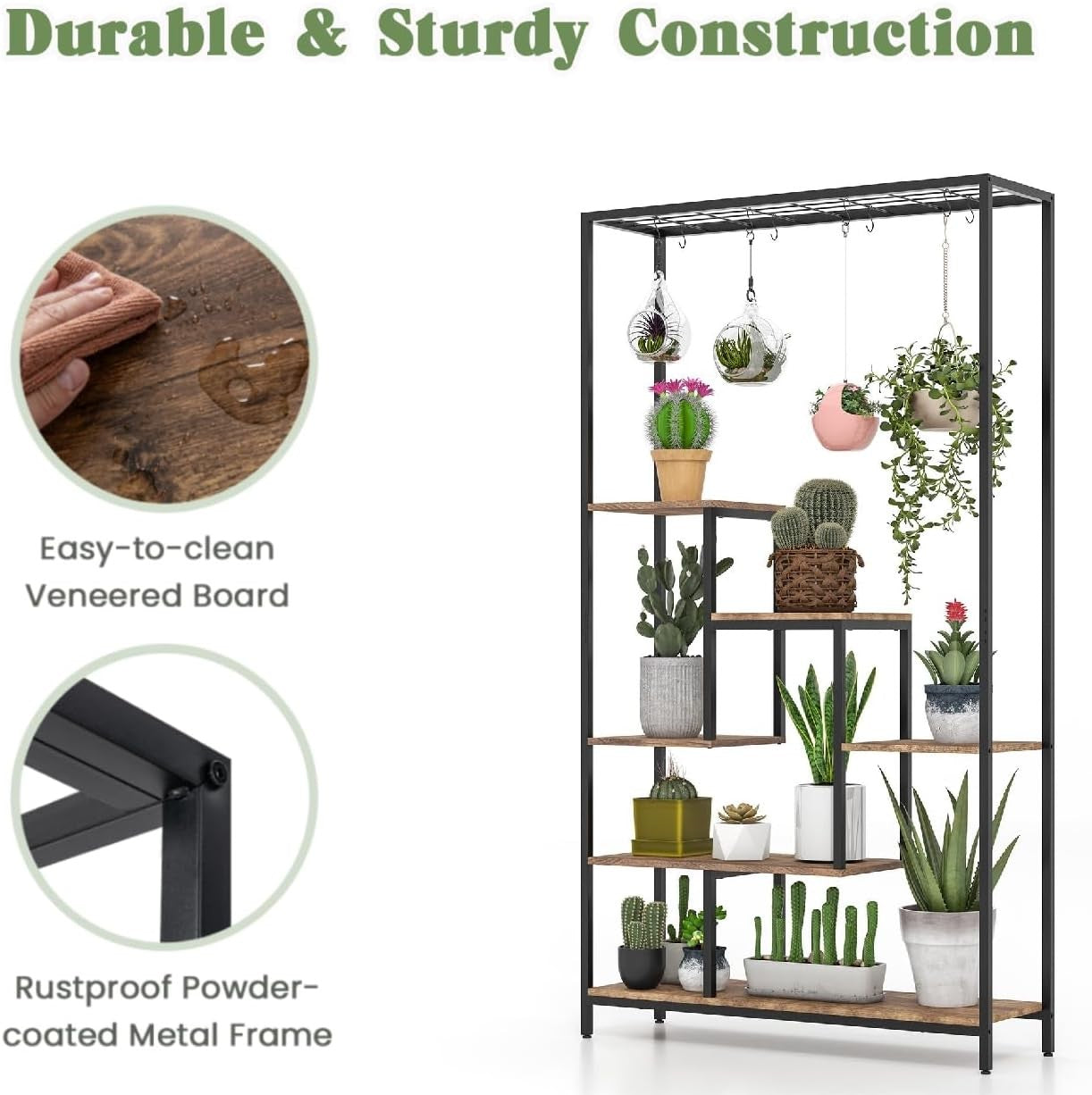 6 Tier Metal Plant Stand Rustic Brown Tall Flower Shelf with Hooks for Indoor De