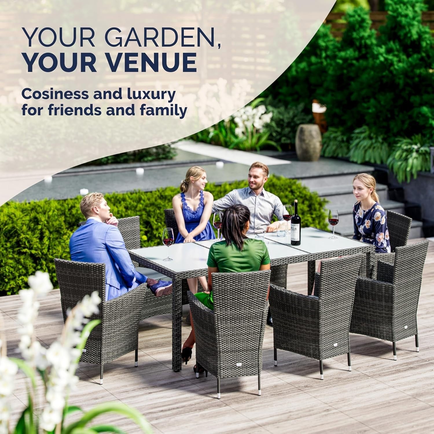 9 Seater Rattan Garden Dining Set w/ Glass Table & Cushions Outdoor Patio