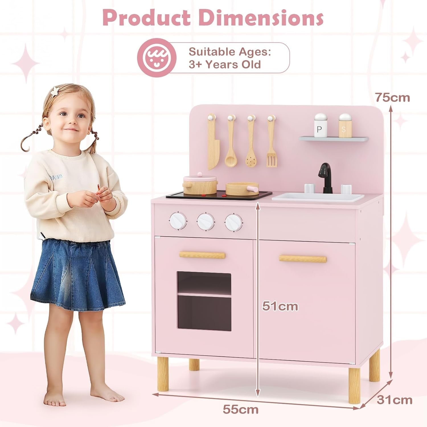 Wooden Kids Play Kitchen Pink w/ Lights Sounds Oven Accessories