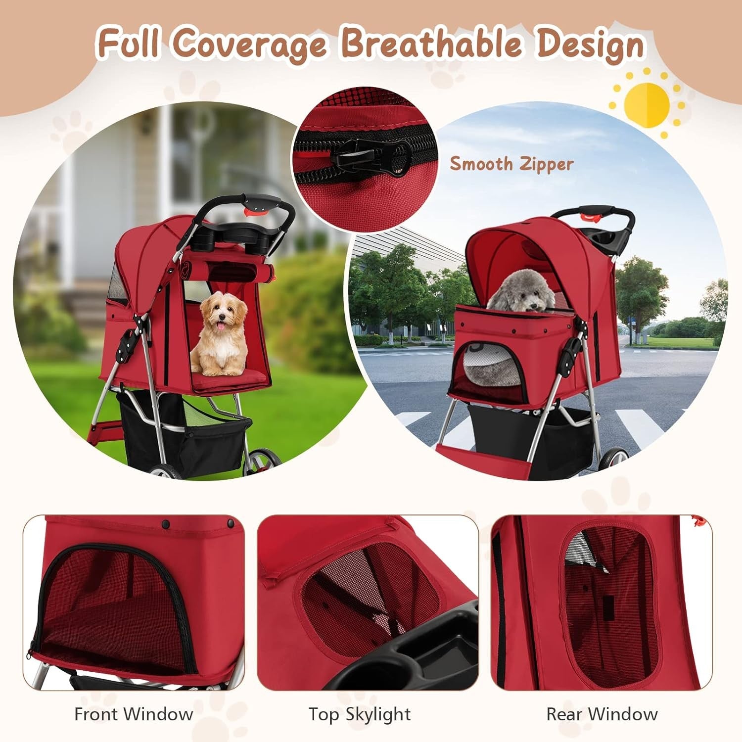 Red Foldable Pet Stroller Pushchair with 4 Wheels for Small Dogs & Cats
