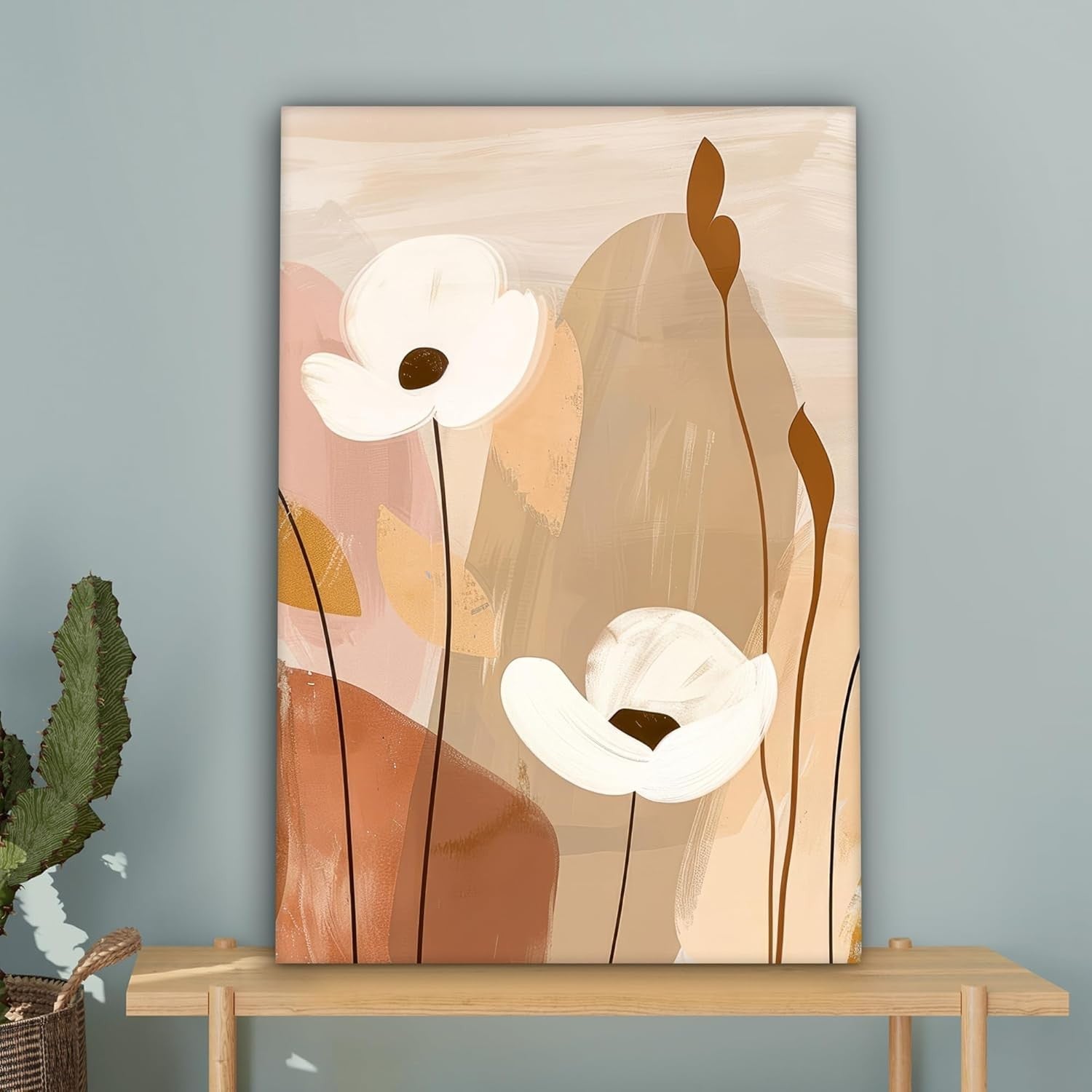 Abstract Floral Canvas Wall Art 40x60cm Framed Modern Beige