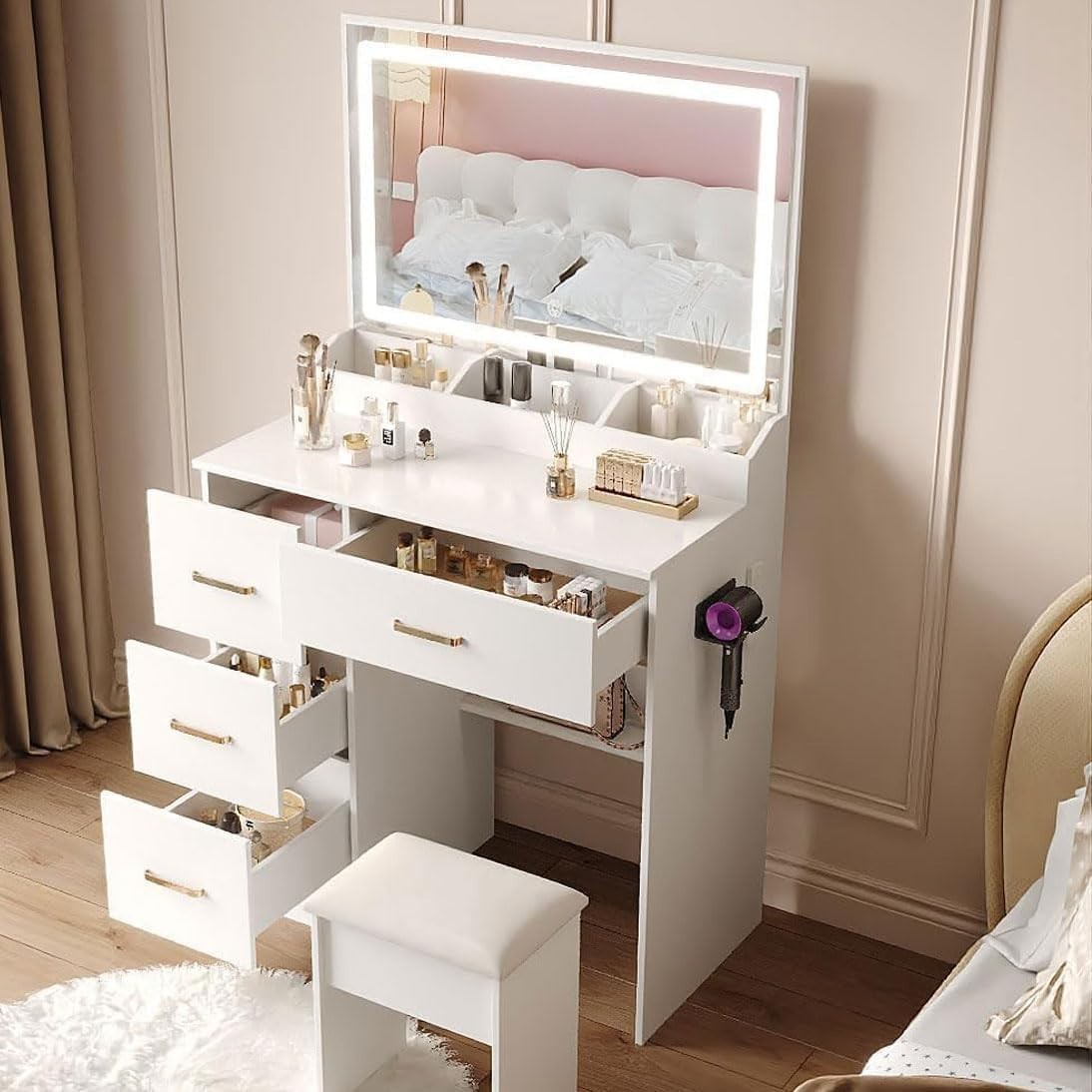 White Vanity Dressing Table Set LED Mirror Charging Station Stool 4 Drawers