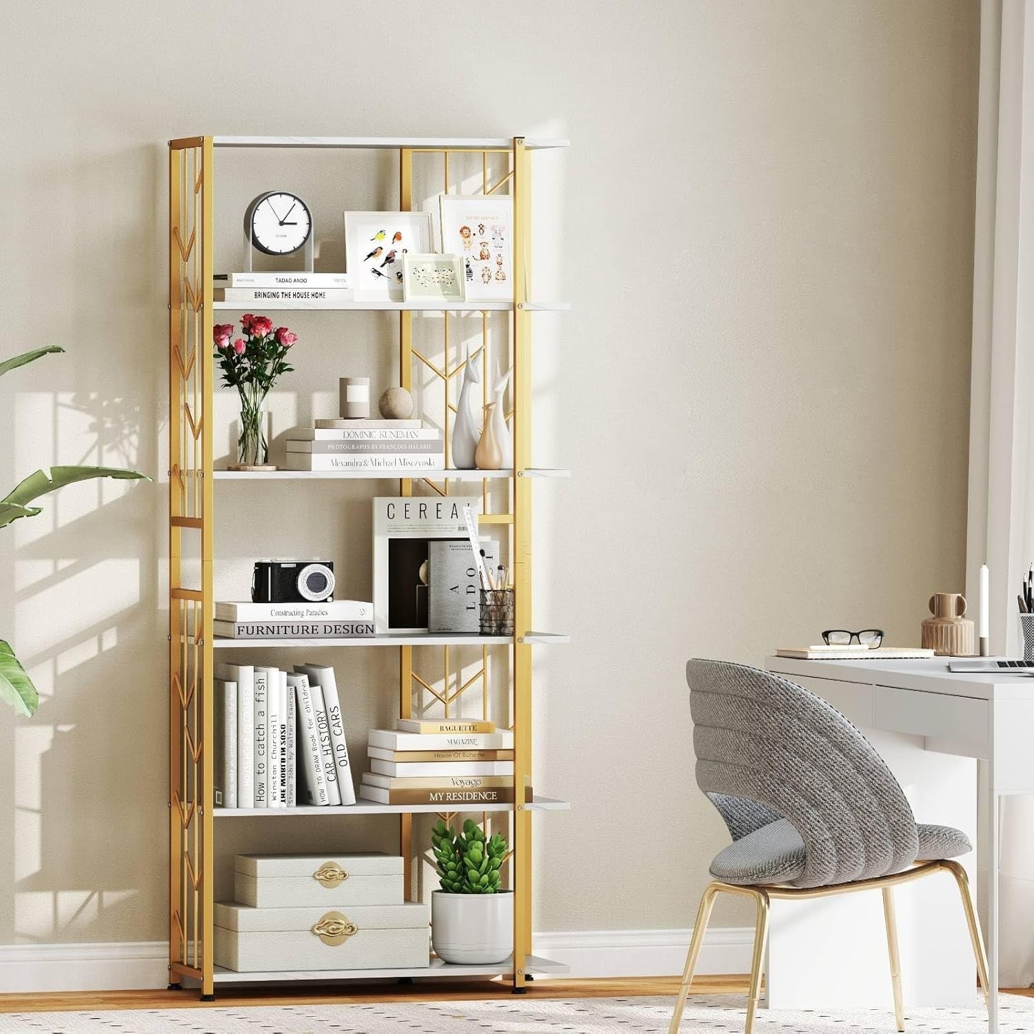 6-Tier Gold & White Bookshelf Modern Display Storage Unit Heavy-Duty Metal Frame