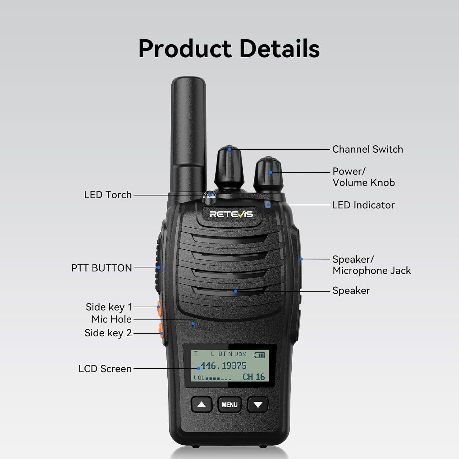 PMR446 Walkie Talkie LCD Screen Type-C Rechargeable VOX Radio