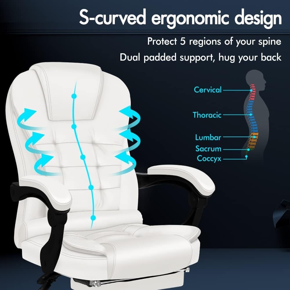 White Massage Office Chair Recliner Footrest Ergonomic PU Leather Swivel