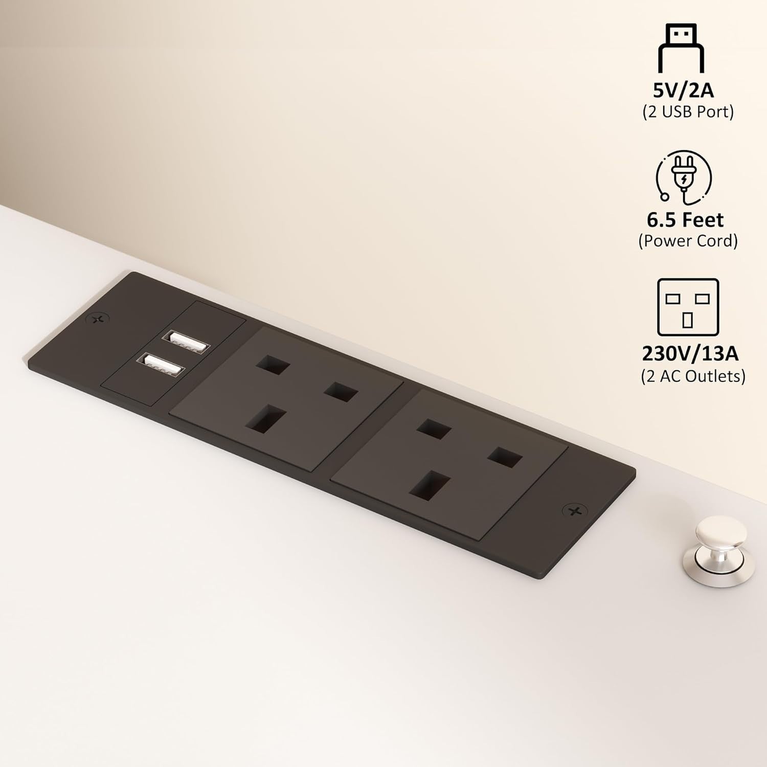 White LED Nightstand with Charging Station – 2 USB Ports, Power Outlets & Drawer