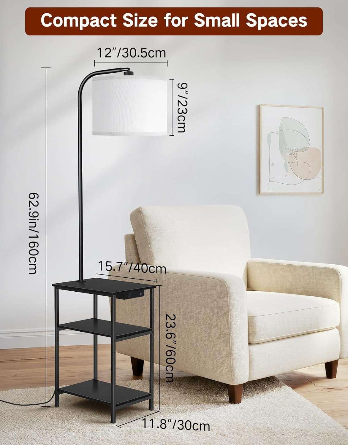 Floor Lamp with Table & Storage Drawers, Dimmable LED, USB Charging, Black