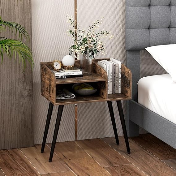Rustic Brown Wooden Bedside Table with Open Shelves & Metal Legs – Modern Nights