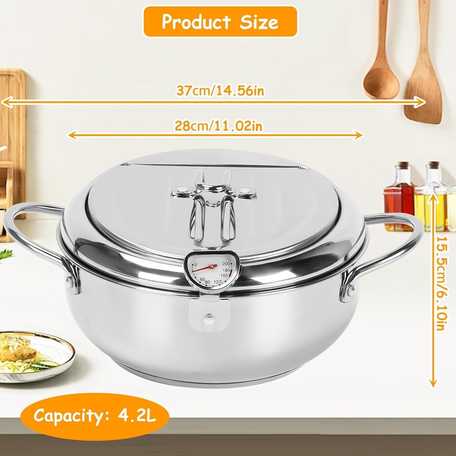 Stainless Steel Deep Fryer Pot 4.2L Temp Control Lid Oil Drain Rack
