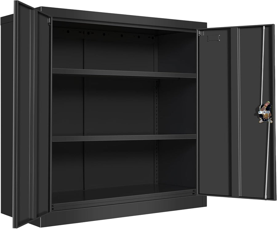 Metal Storage Cabinet Black Lockable Cupboard 2 Door Adjustable Shelves 90cm