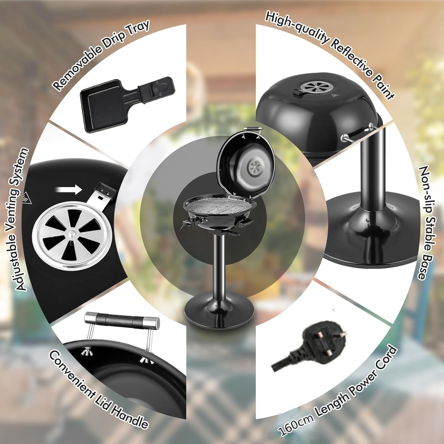 1600W Electric BBQ Grill with Stand | Non-Stick Rack, Adjustable Temp