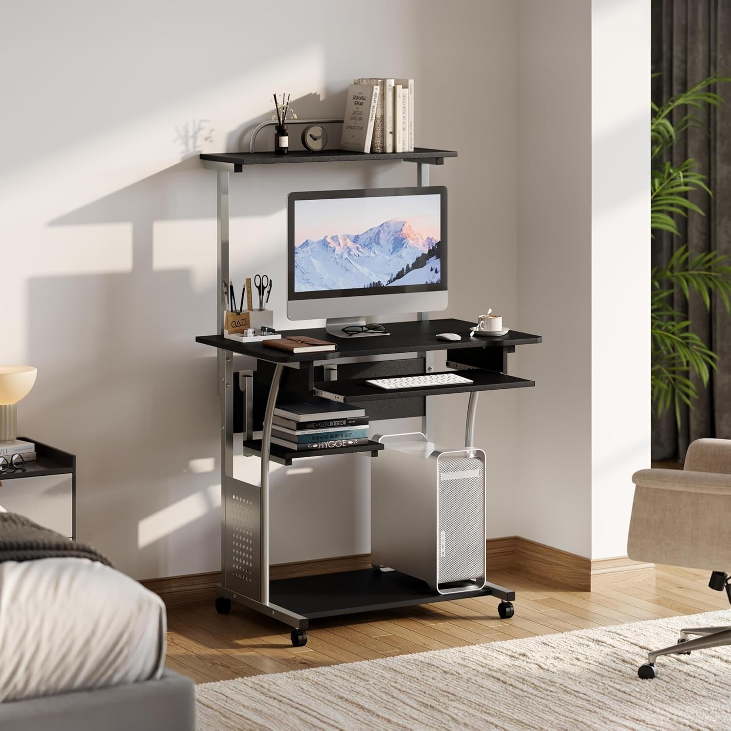 3 Tier Computer Desk with Printer Shelf Keyboard Tray Rolling Home Office