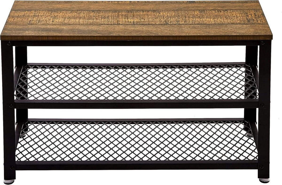 Rustic Brown Shoe Storage Bench with 2 Shelves – Industrial Metal Hallway Unit
