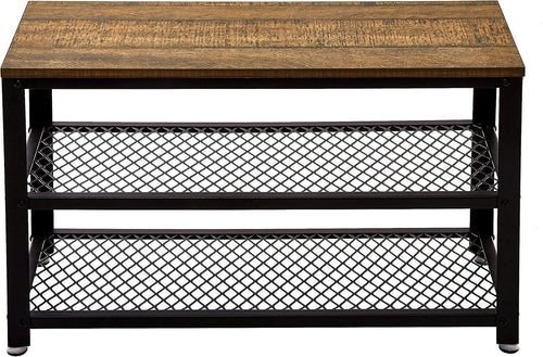 Rustic Brown Shoe Storage Bench with 2 Shelves – Industrial Metal Hallway Unit