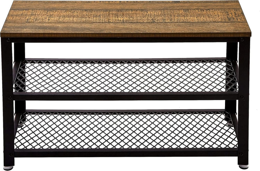 Rustic Brown Shoe Storage Bench with 2 Shelves – Industrial Metal Hallway Unit