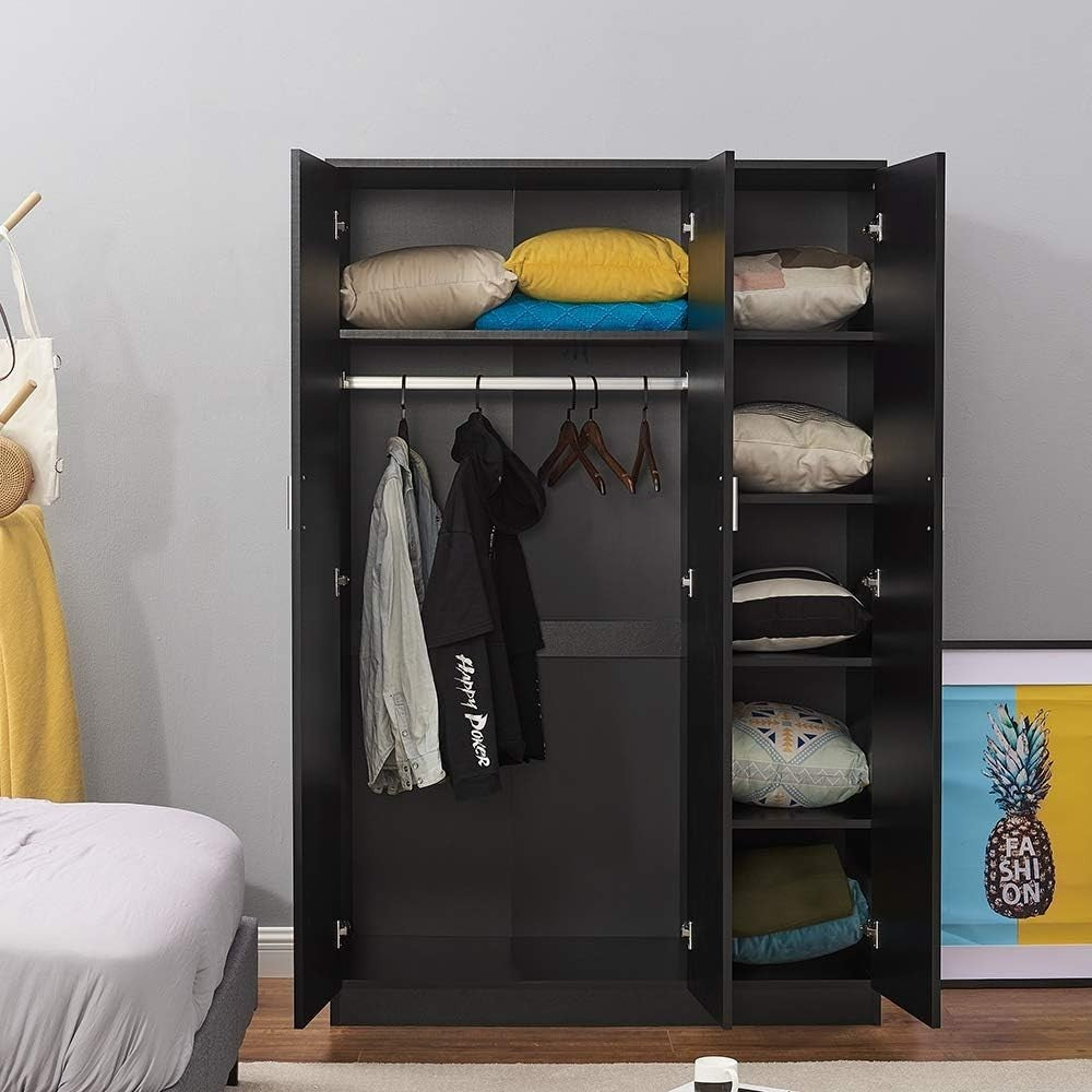 Modern 3-Door Black Wardrobe with Hanging Rail & 6 Shelves Storage Closet