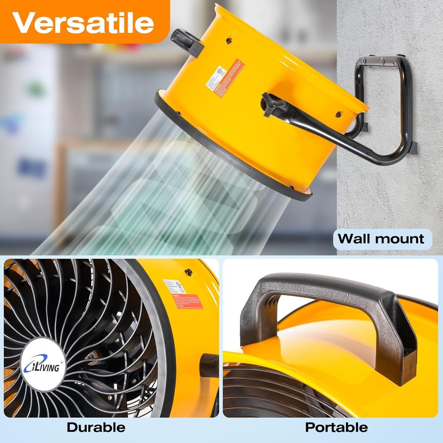 16" Turbo Floor Fan Yellow 3-Speed High Velocity Adjustable Tilt Air Circulator