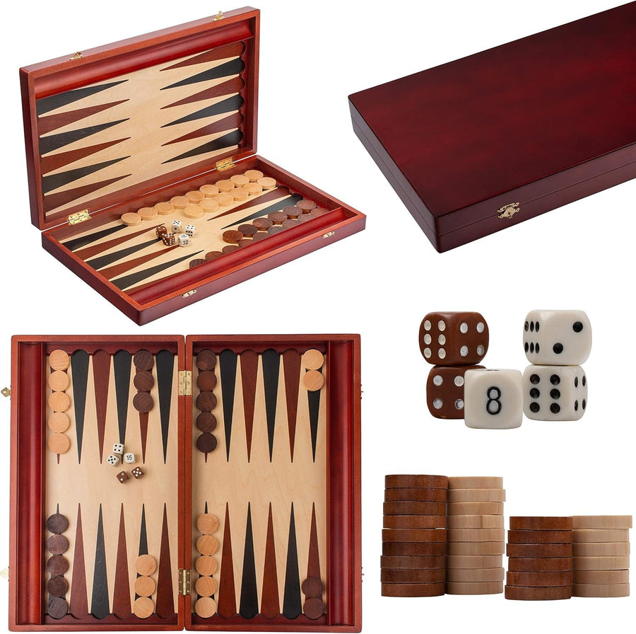 Large Wooden Backgammon Set 57x48cm Folding Board with Dice Cups Case