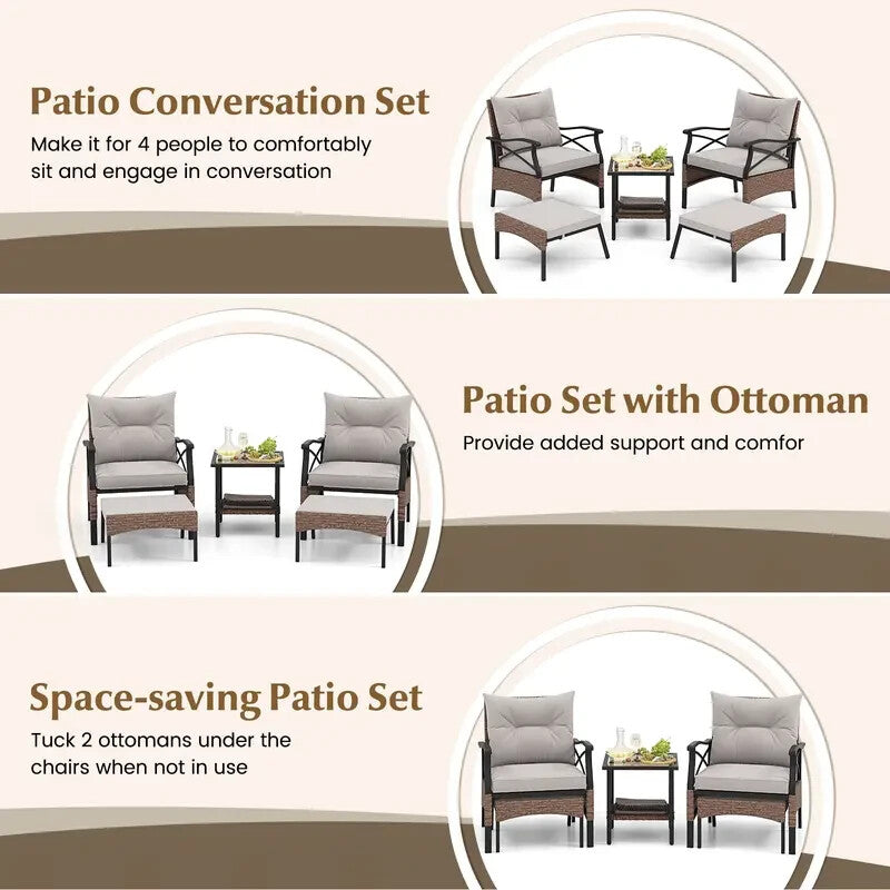 5PC Rattan Patio Furniture Set Chairs Ottomans Table Cushions Garden