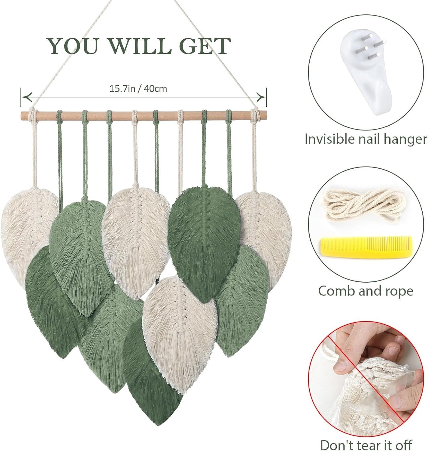 Small Macrame Wall Hanging Boho Leaf Woven Decor Green