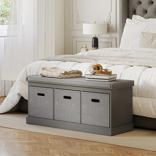 Grey 3-Drawer Shoe Storage Bench with Cushion Seat – Modern 105cm Hallway