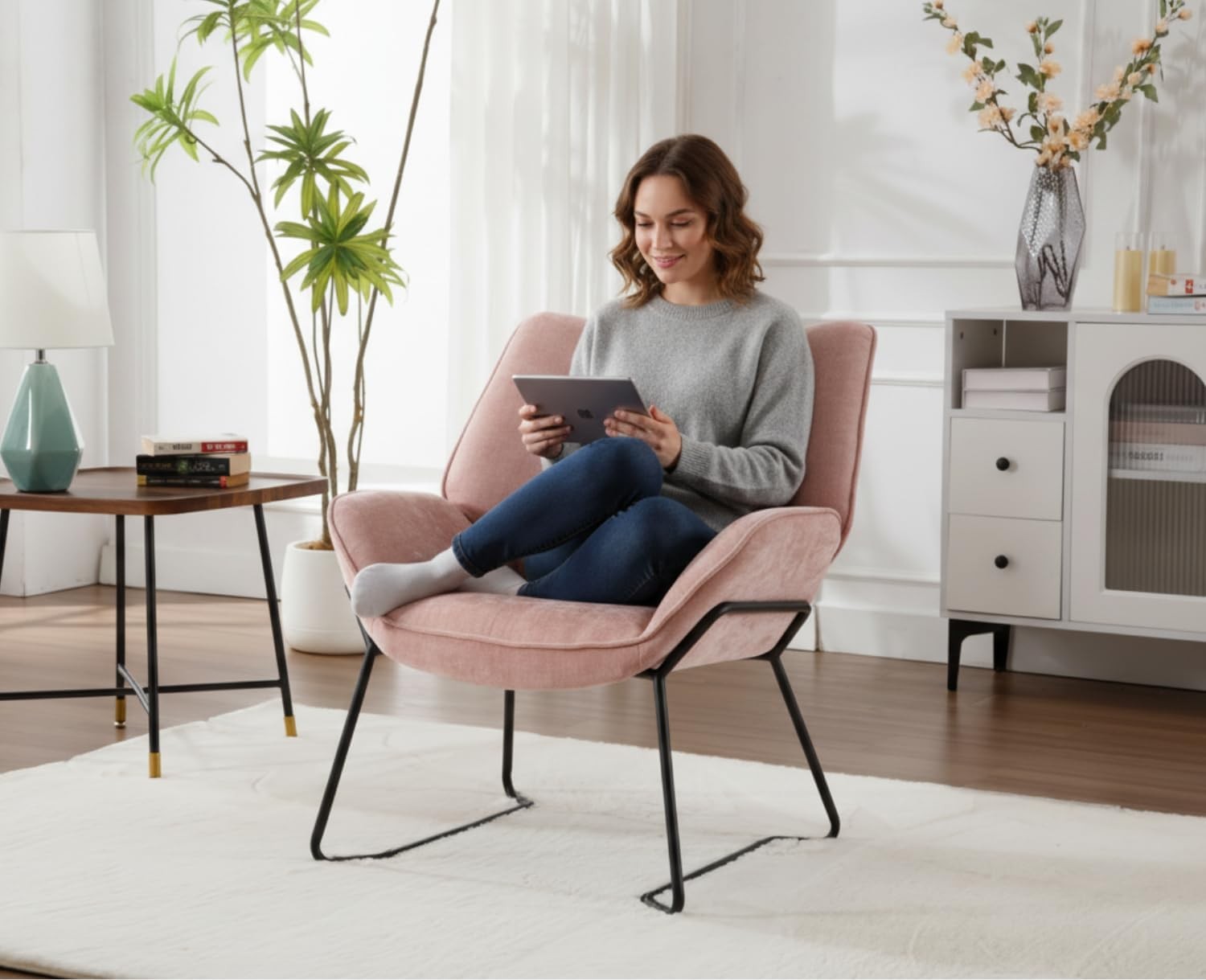 Pink Chenille Armchair Modern Tub Chair Upholstered Metal Legs
