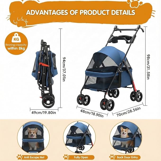 Small Dog Pet Stroller Foldable 4 Wheel Travel Pushchair with Rain Cover