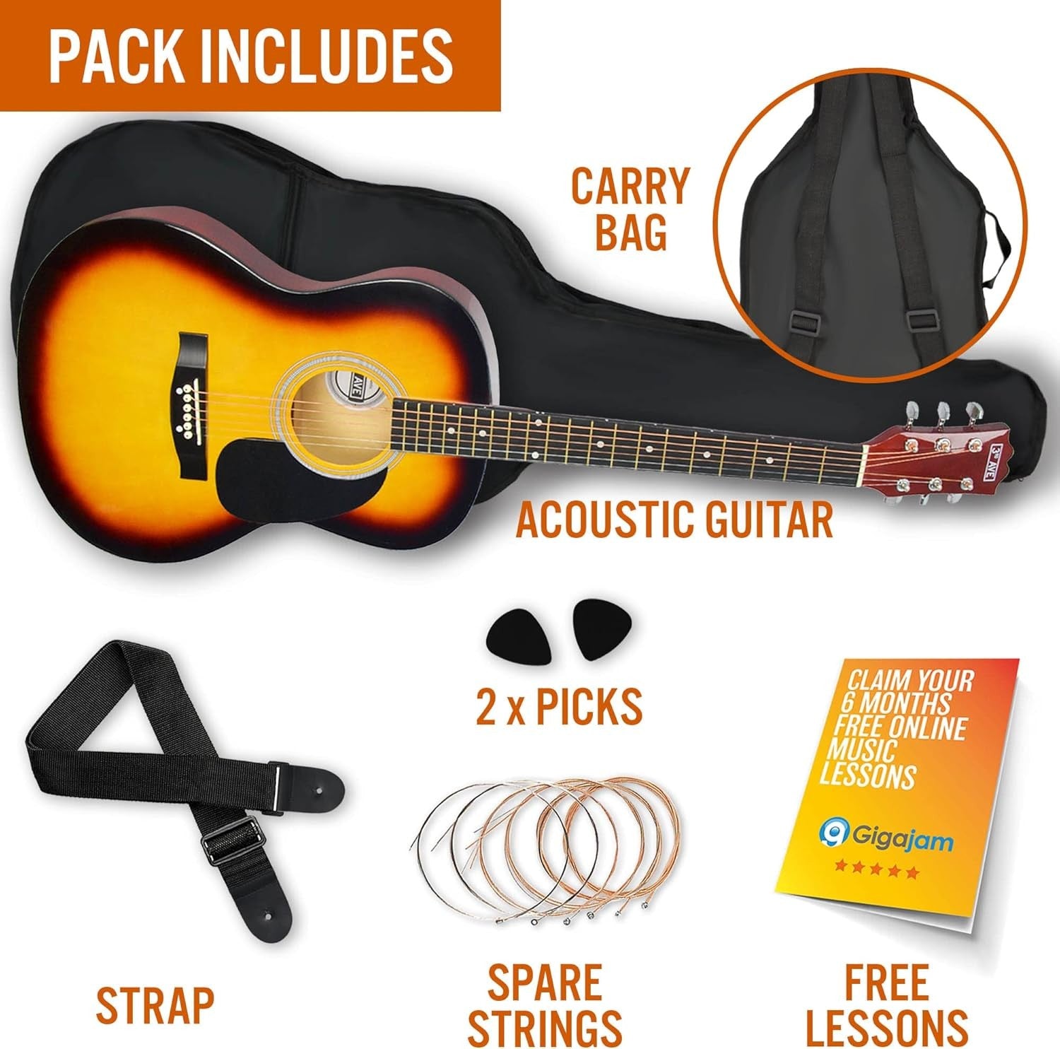 Full Size 4/4 Acoustic Guitar Starter Pack Steel String Sunburst