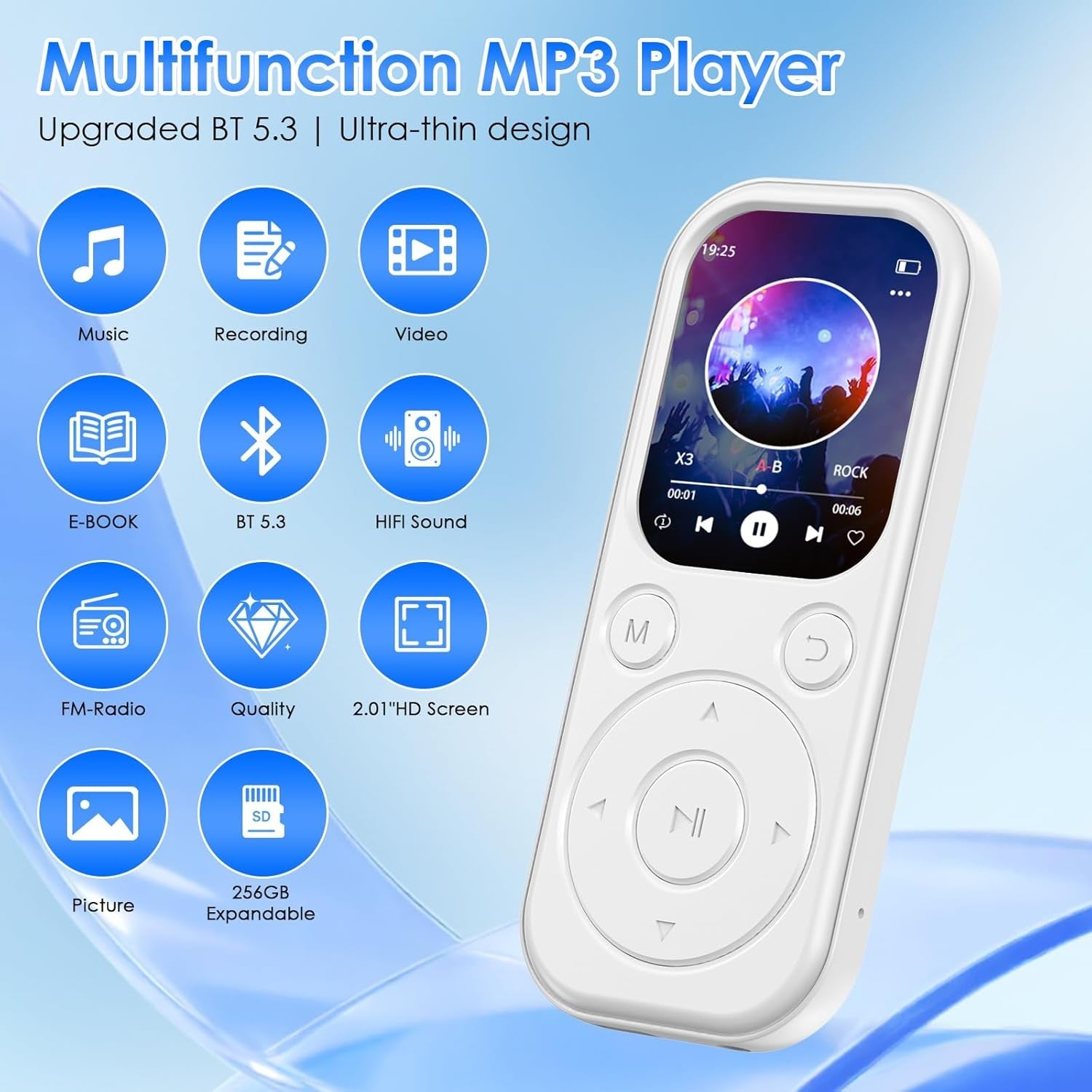 64GB Bluetooth 5.3 MP3 Player White HiFi FM Radio 300mAh