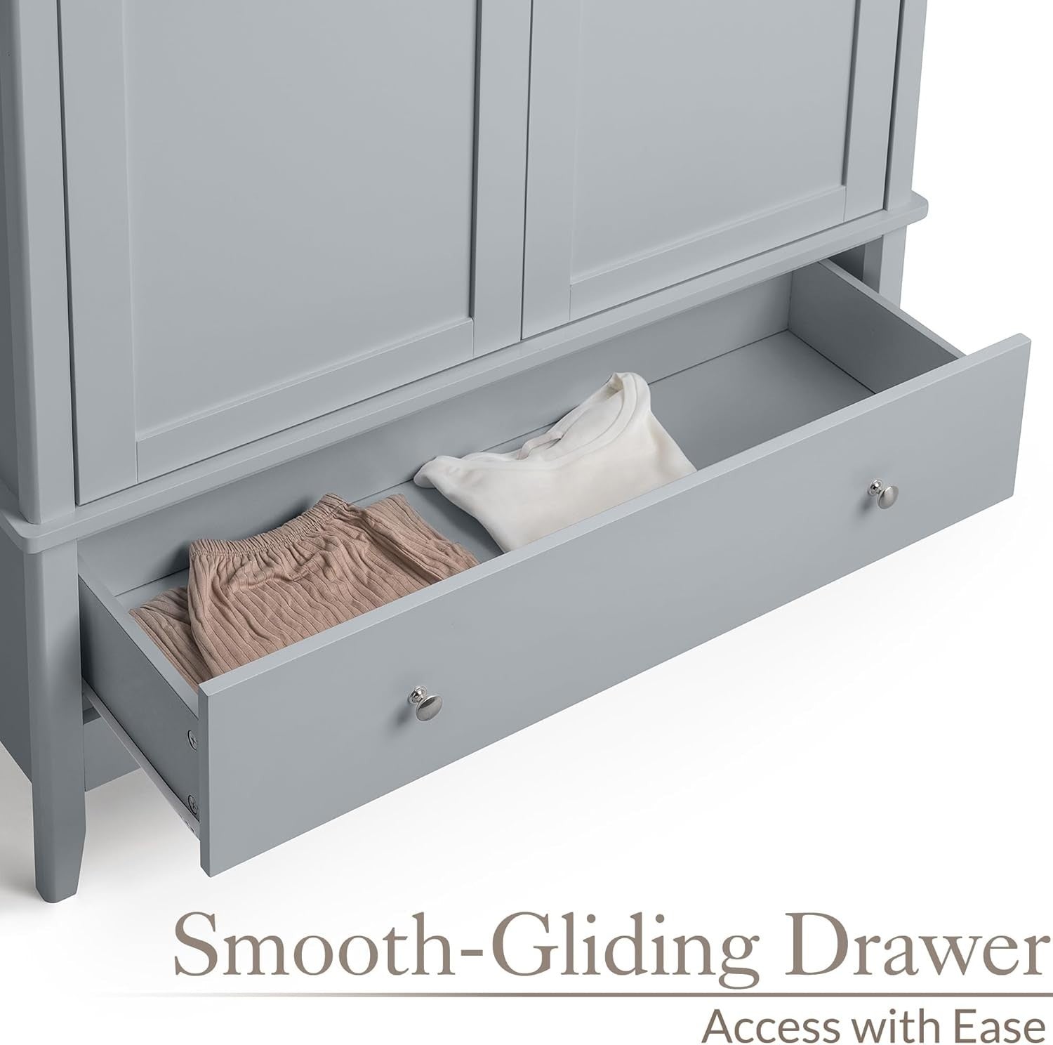 Grey Double Wardrobe with Drawer | Soft Close Doors | Clothes Rail Storage