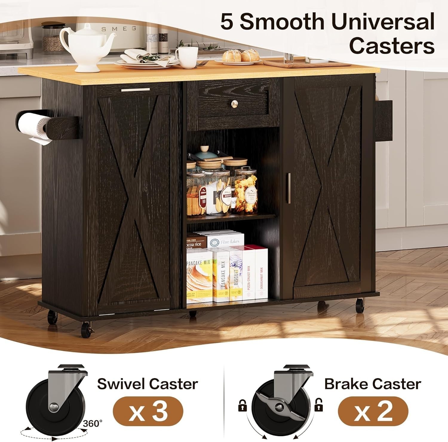 Rolling Kitchen Island Cart with Drop-Leaf, Trash Storage & Spice Rack