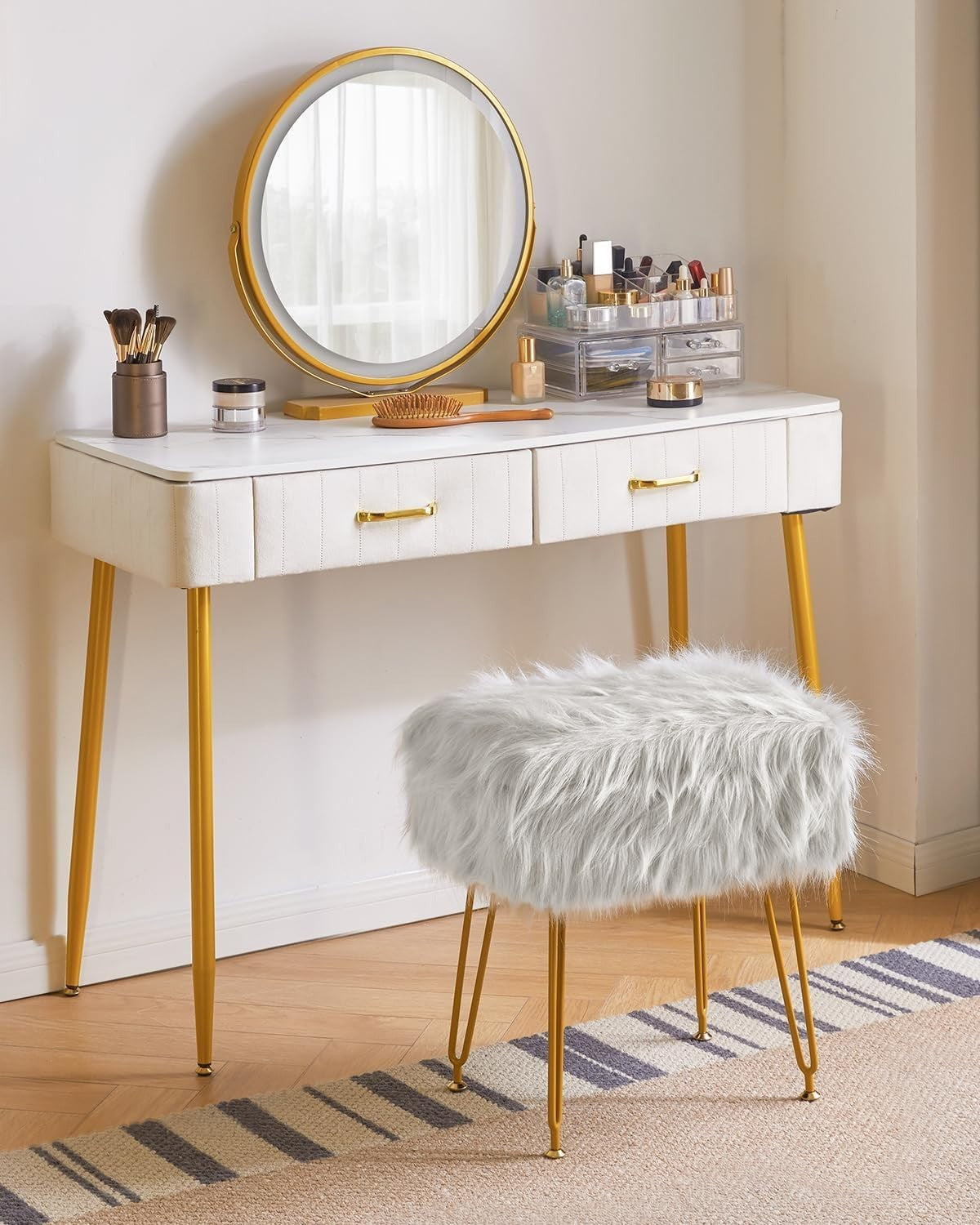 Grey Faux Fur Vanity Stool with Storage – Rectangular Makeup Ottoman Seat