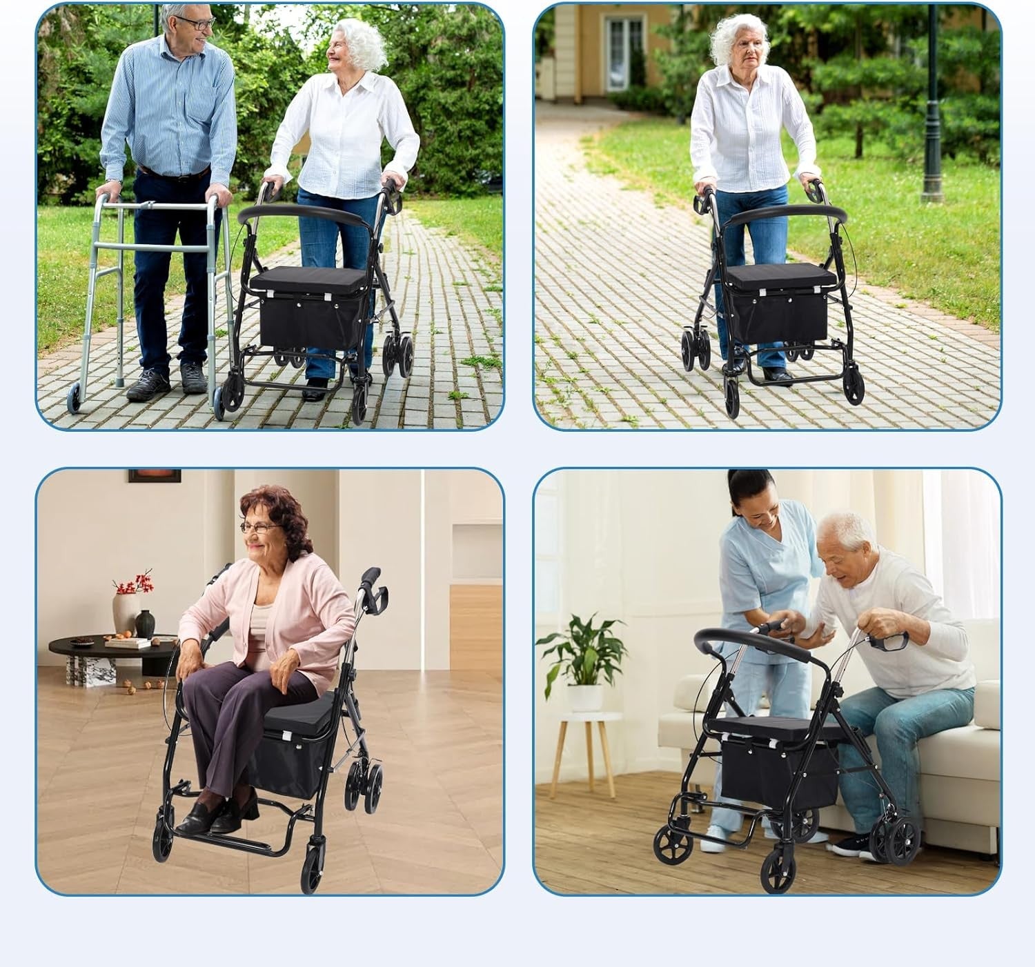 Lightweight Folding Rollator Walker with Seat 6 Wheels Lockable Brakes