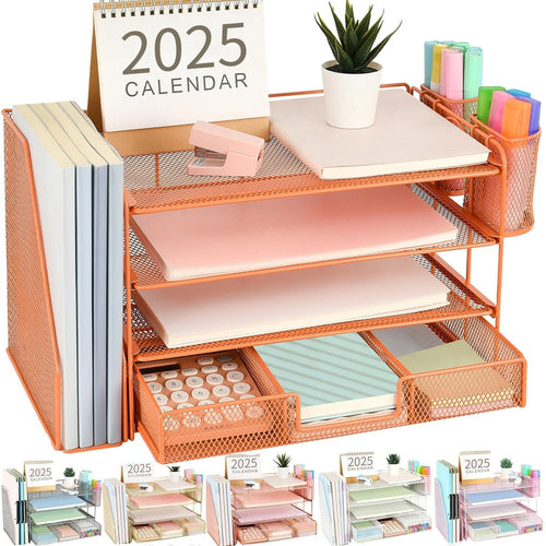 4-Tier Desk Organizer Metal File Holder Drawer Pen Storage Orange