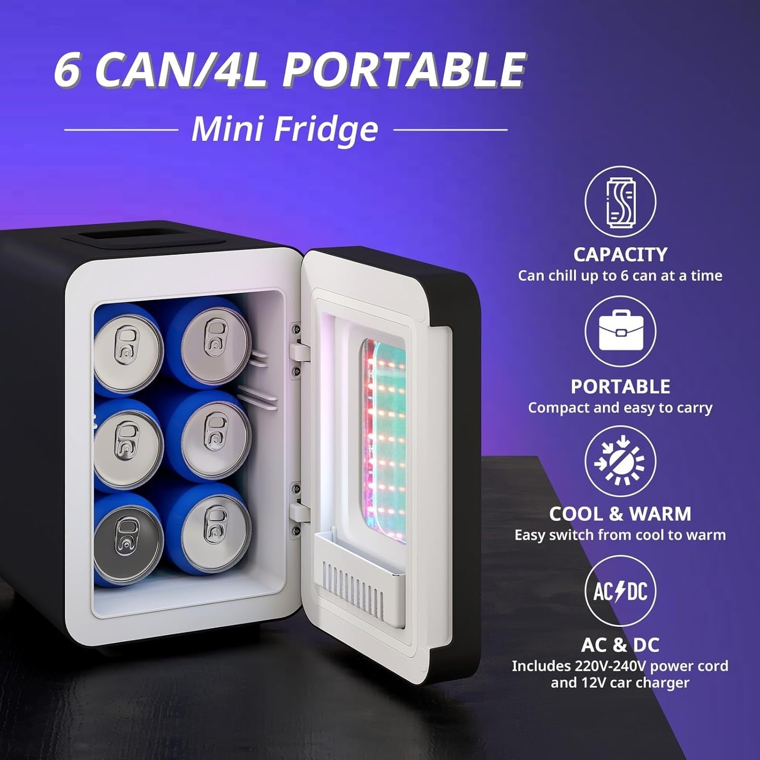 4L Mini Fridge Portable AC/DC Cooler Warmer Low Noise Skincare Black